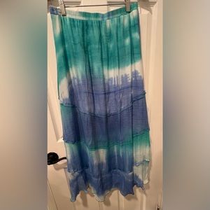 Intriguing Threads Women Med Blue Tie Dye Tiered Maxi High Low Skirt Lined Boho